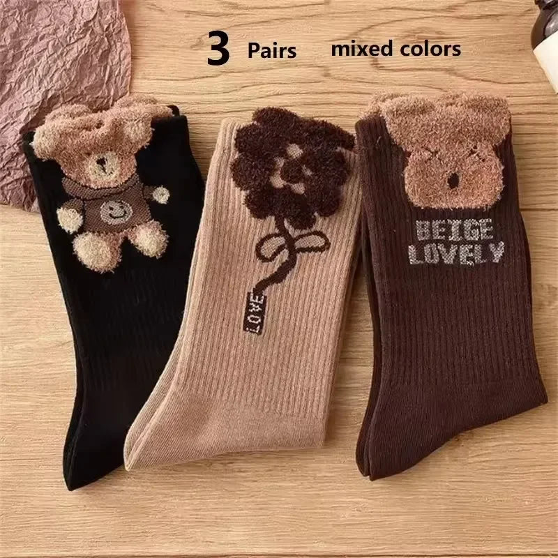 3 Pairs Cartoon Bear Pattern Mid Tube Socks