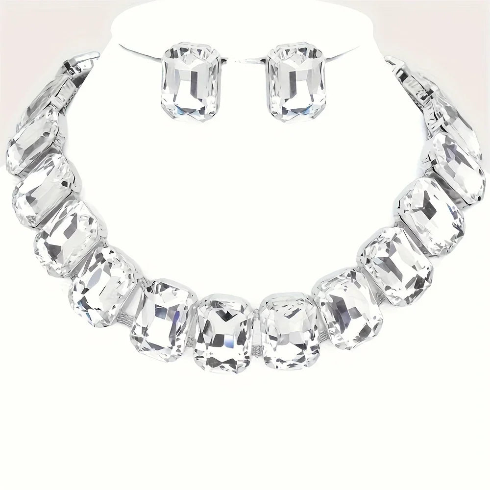 Oversize Square Rhinestone Choker Necklace Set