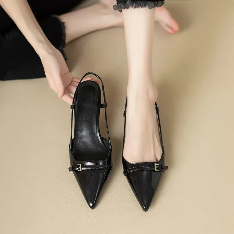 Leather Mid-heel Overhead Skinny Heel Shoes
