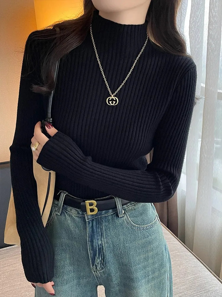 Knitted Long Sleeve Mock Neck White Knit Tops Sweaters