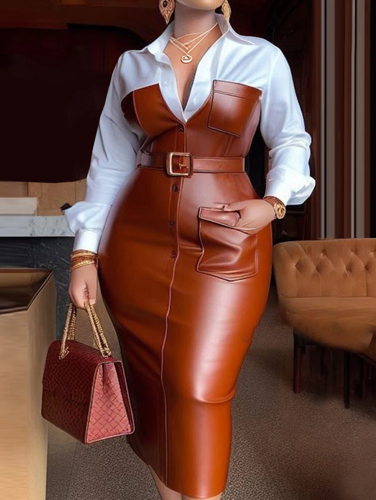 Long Sleeve Leather Skinny Midi Dress