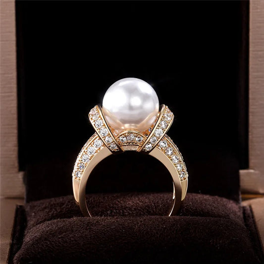 925 Sterling Silver Pearl Gold Shiny CZ Romantic Ring