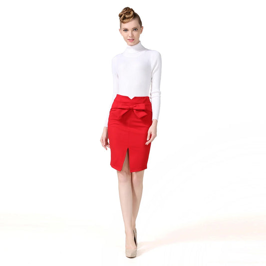 Pencil Skirt Knee Length High Waist Elegant Open Slit Bow Skirt