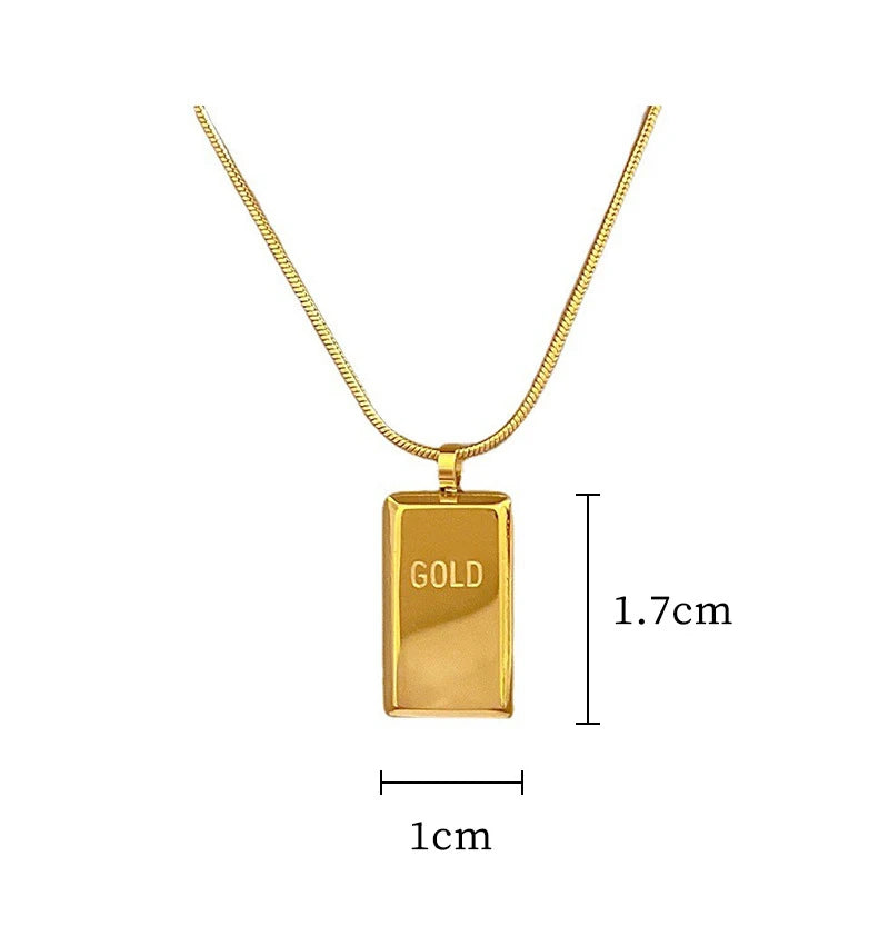 Bullion Bar Stainless Steel Golden Cube Brick Pendant Necklaces