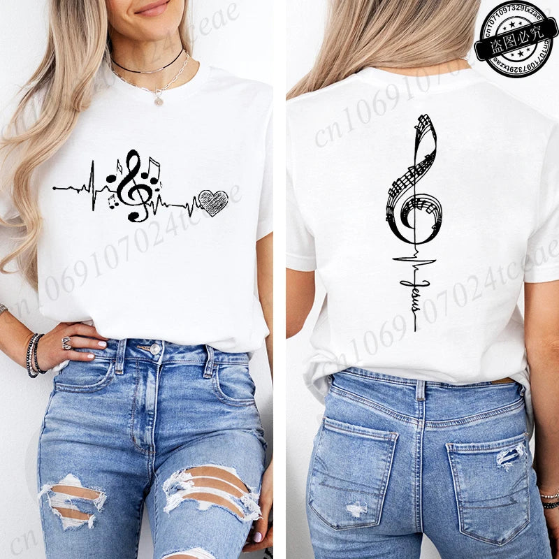 Musical Notes Printed Heartbeat Music Graphic Tee Shirts