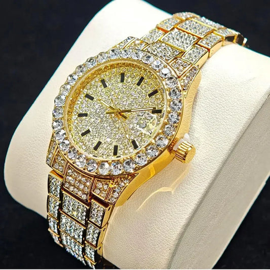 Gold Luxury Stainless Steel Iced Diamond Quartz