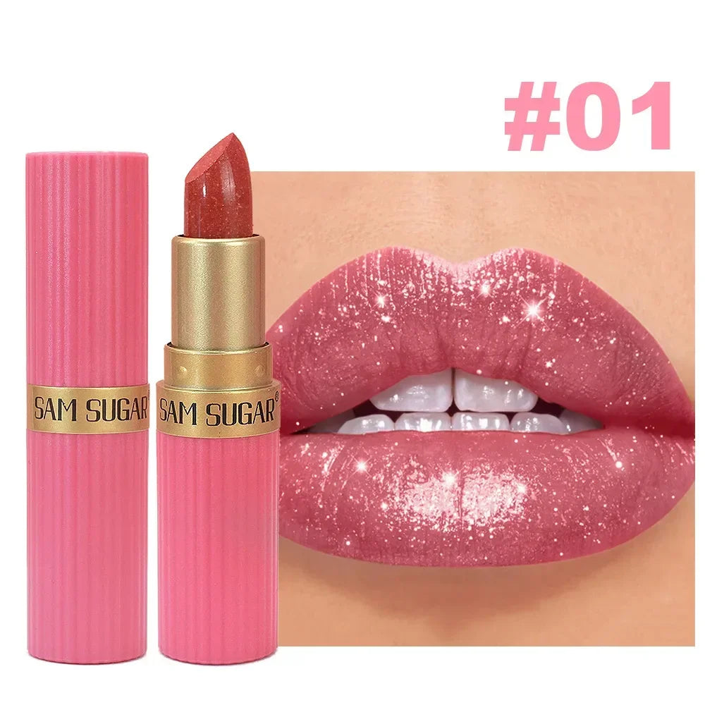 Pearlescent Pink Glitter Metallic Waterproof Diamond Lipstick