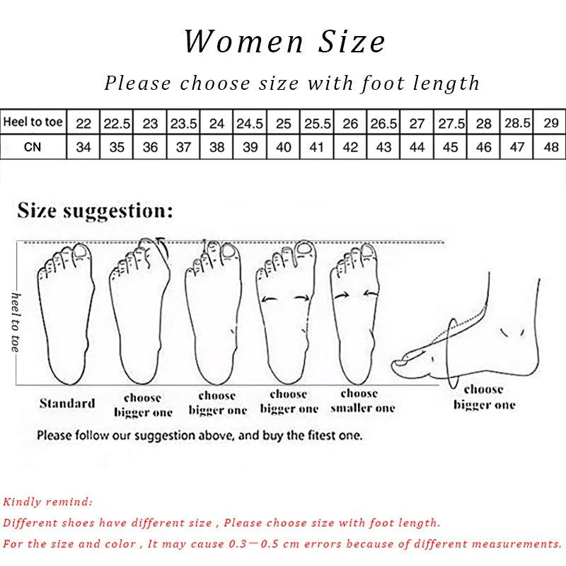 Women's shoe size chart with foot length in cm, size conversion, and foot illustrations suggesting size selection.