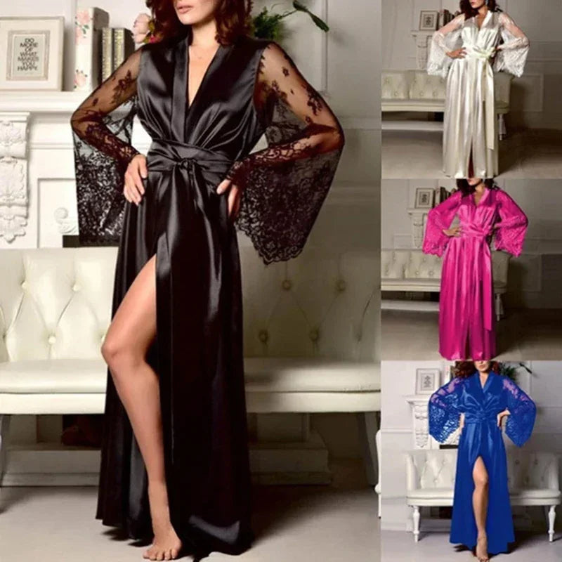 Sexy Long Lace Bath Robe Ice Silk Lingerie