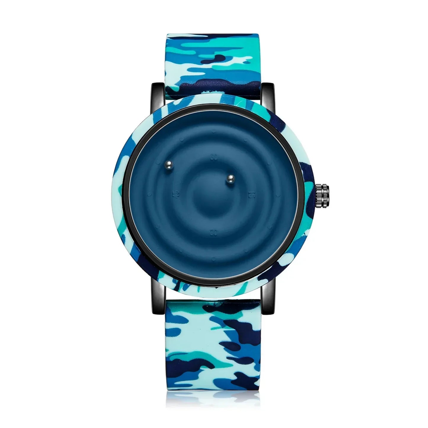 Blue camouflage pattern watch with unique tactile dial and minimalist design