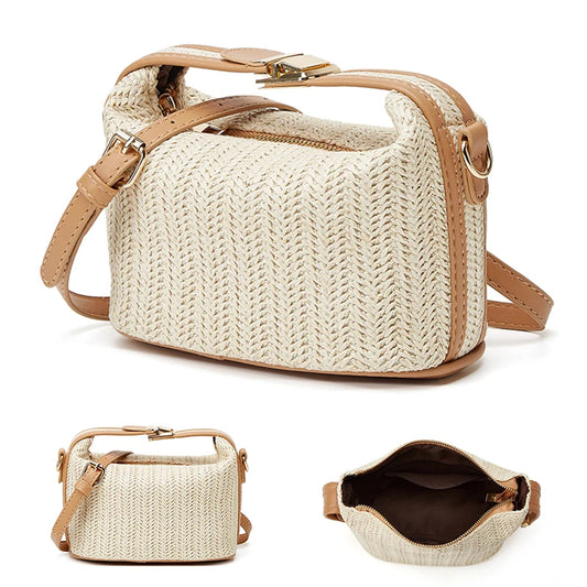 Small Straw Shoulder Woven Bucket Crossbody Bag