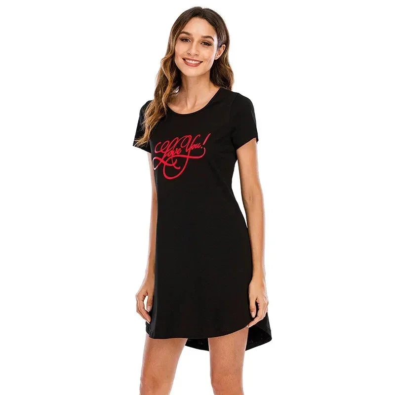 Plus Size Ice Silk Cartoon Cat Printed Short Sleeve Round Neck Dress Oversized Nightgown