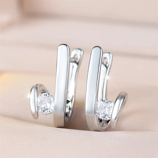 White Zircon Round Stone Geometric Hoop Earrings