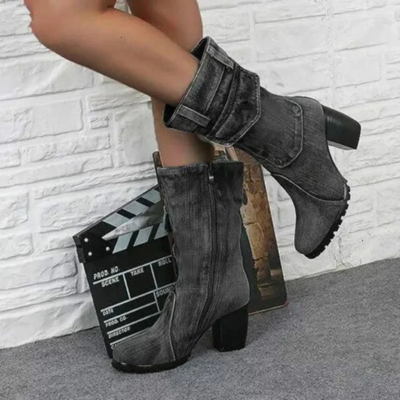 Cowboy Pointed Denim Casual Temperament High Heels Boots