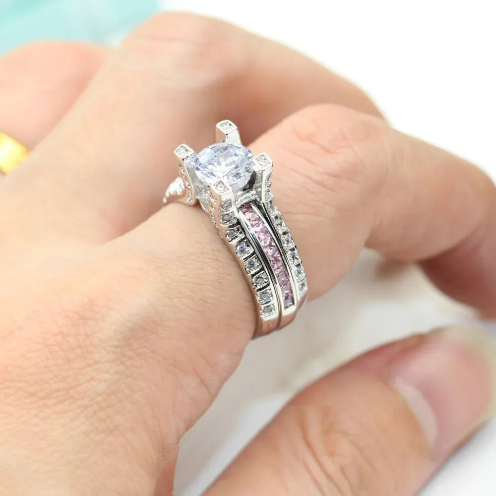 14K White Gold Vintage Lovers Grown Pink Diamond Ring Set