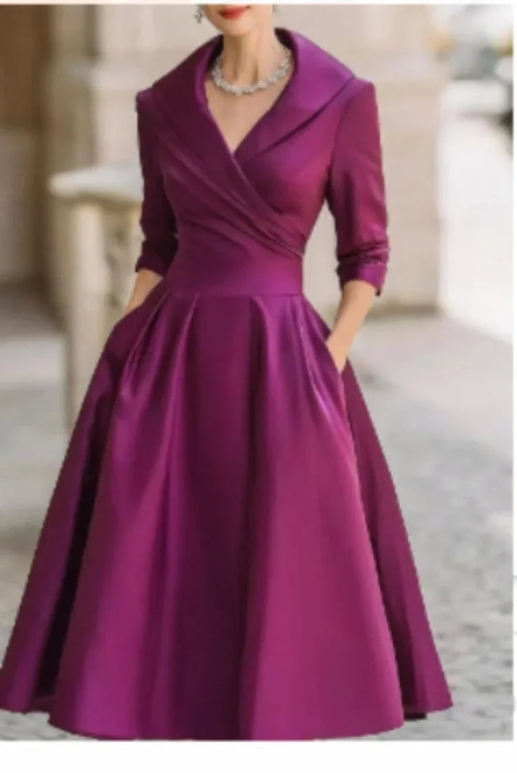V-neck Waist-hugging Slim A Long Sleeves Maxi Dress