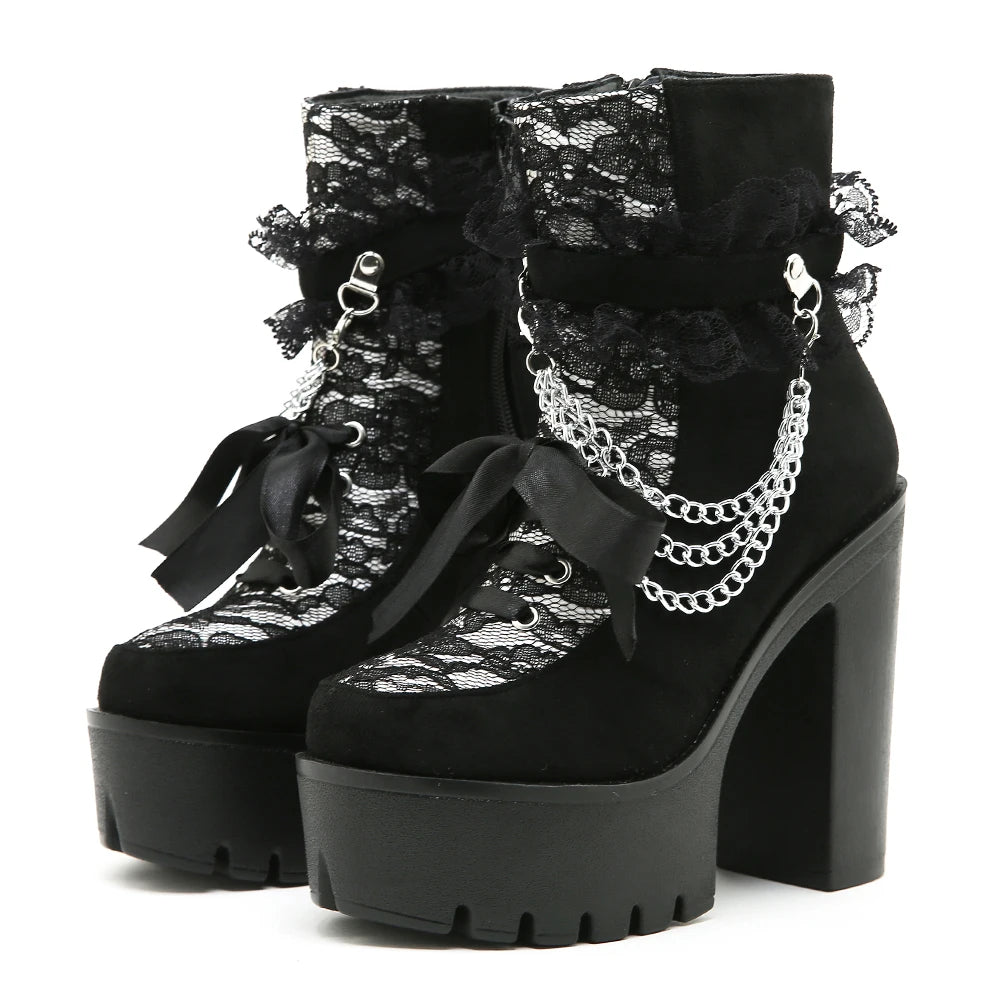 Gothic Lace Ankle Chunky Heel Side Zipper with Chain Platform Goth Boots