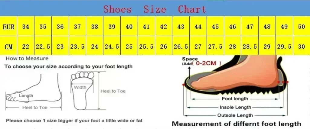 Shoe size chart with EU and CM conversion, foot measurement guide, and sizing tips.