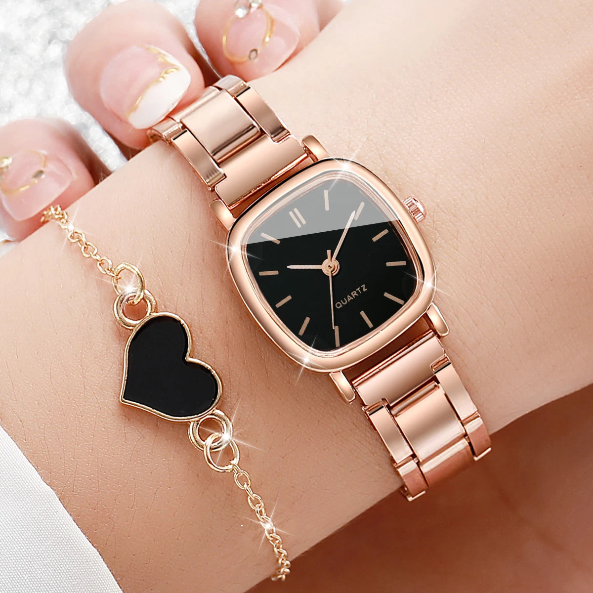 Square Stainless Steel Quartz Watch Set