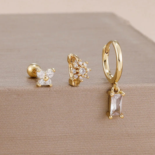 14K Gold Plated Zircon Square Hoop Stainless Steel Butterfly Stud Earring Set