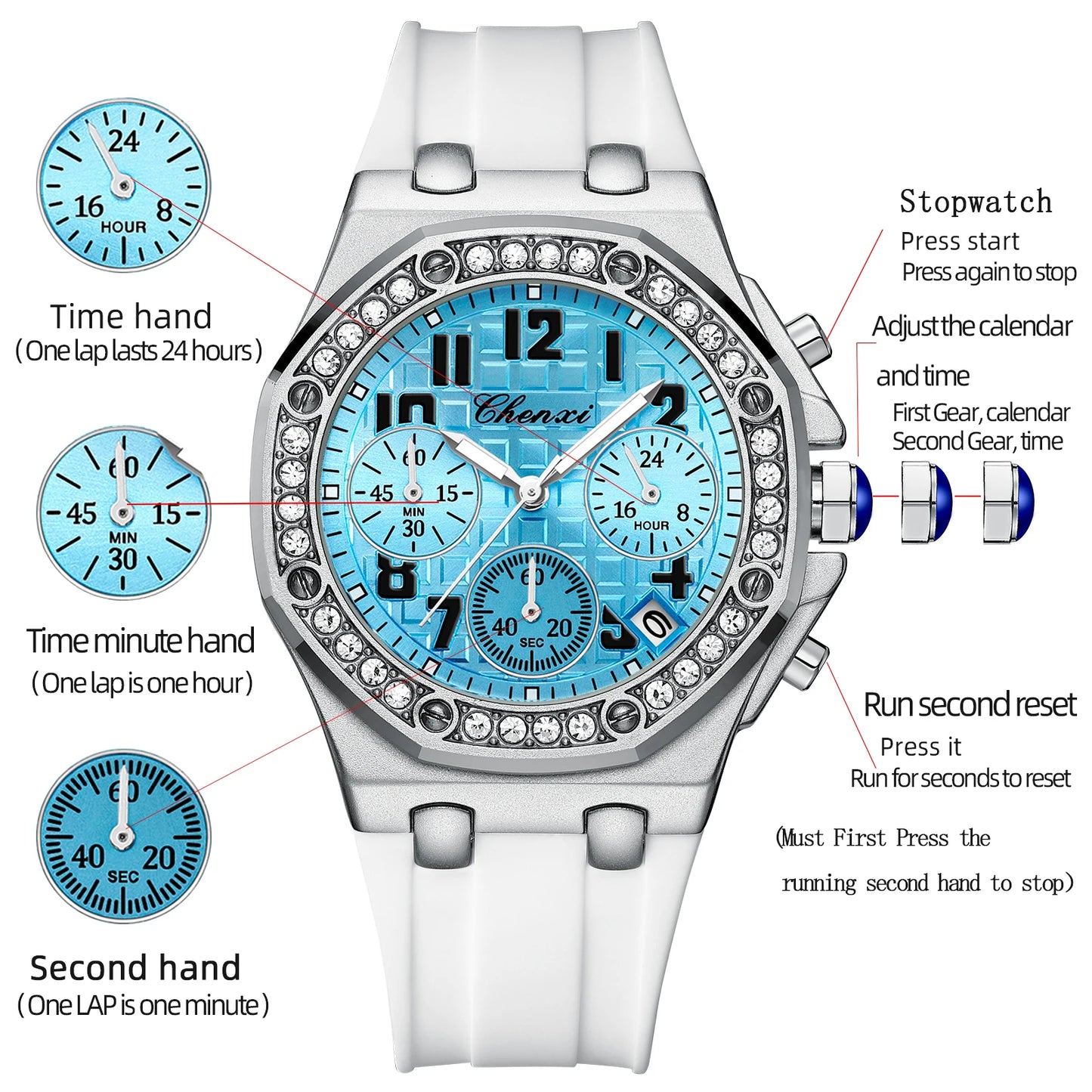 Diamond Dial Quartz Chronograph Luminous Waterproof Silicone Sports Watches