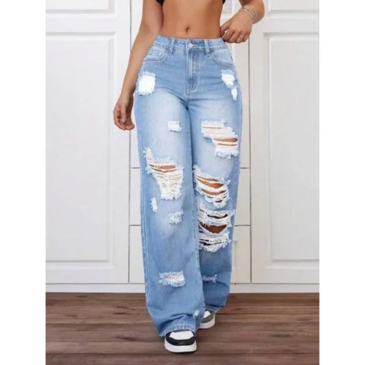 بنطلون جينز واسع الساق بقصة فضفاضة ومريحة باهت باللون الأزرق الفاتح