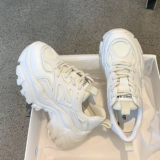 Black Chunky Mesh Leather Sneakers Shoes