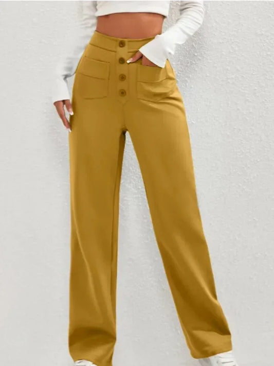 Straight High Waist Button Elastic Office Pants