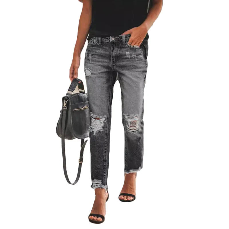 Slim Ripped Denim High-waisted Straight Jeans Pants