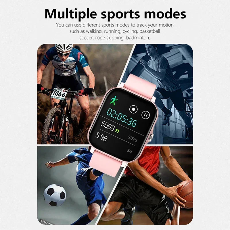 Smartwatch with pink band showing fitness stats, surrounded by cycling, running, soccer, basketball activities.