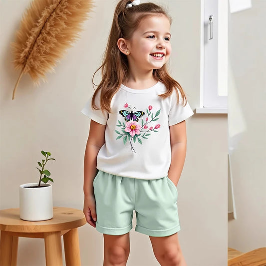 Cotton Short Sleeve Butterfly Print 2Pcs Suit