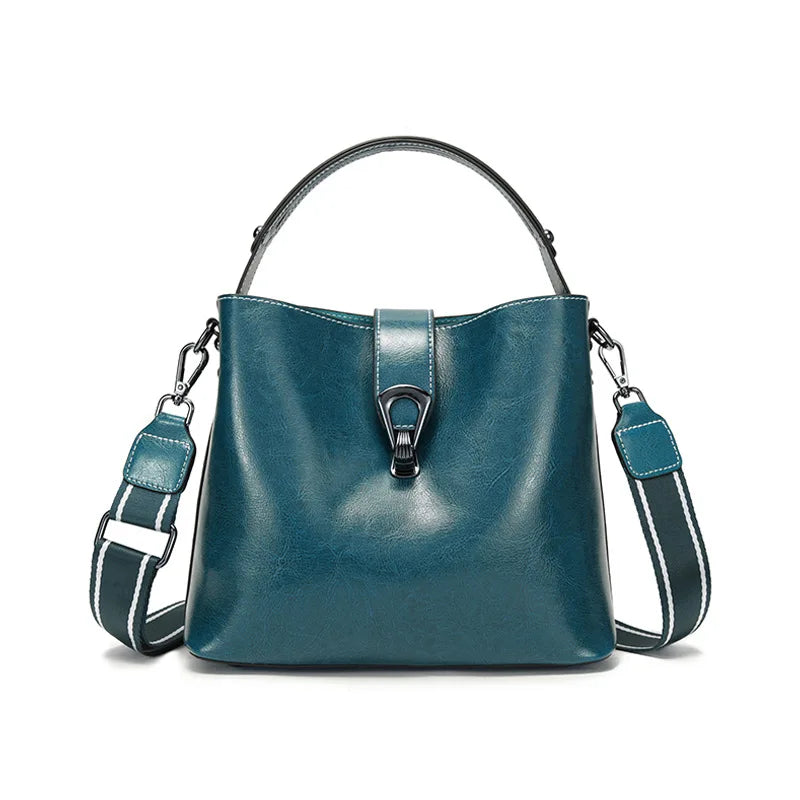 Real Oil Wax Leather Bucket Large Capacity Cowhide Crossbody Tote Bag