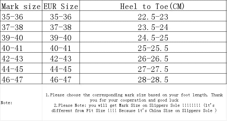 Slipper size chart showing mark size, EUR size, and heel to toe length in centimeters.
