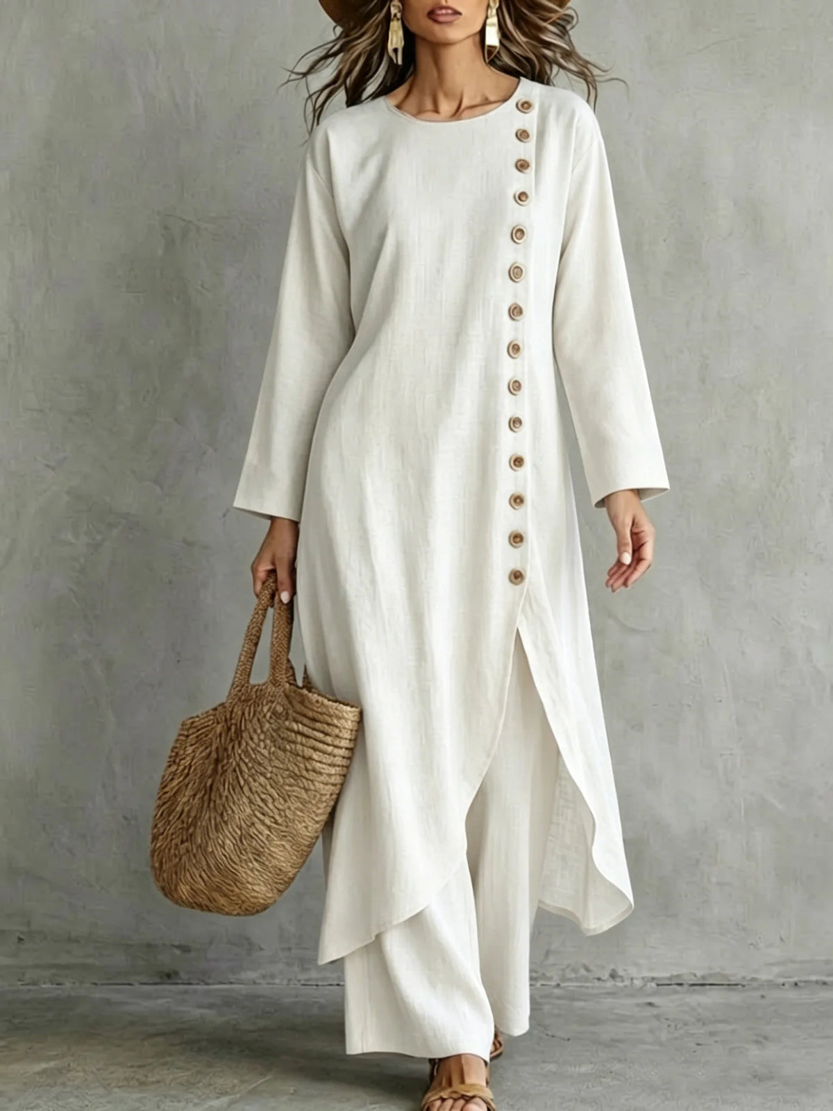 Casual Long Irregular Hem Top With Single Row Wide‑Leg Pants Set
