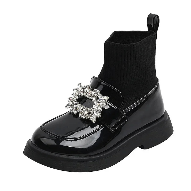 Crystal Decoration Sewing Thread Thick Bottom Soft Sole Round Toe Leather Shoes