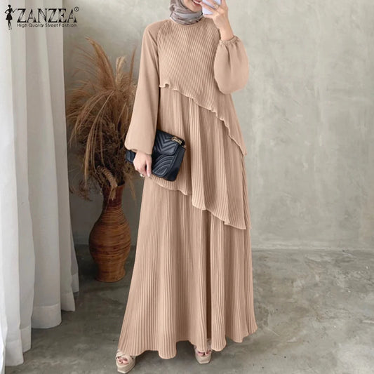 Modest Layered Plisse Patchwork Muslim Maxi Dress
