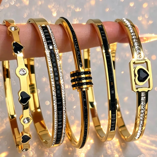 5/1pcs Golden Stainless Steel With Sparkling Black Zircon Bracelets