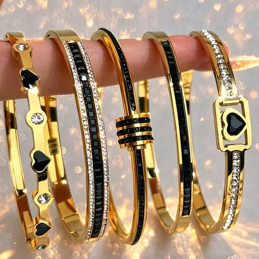 5/1pcs Golden Stainless Steel With Sparkling Black Zircon Bracelets
