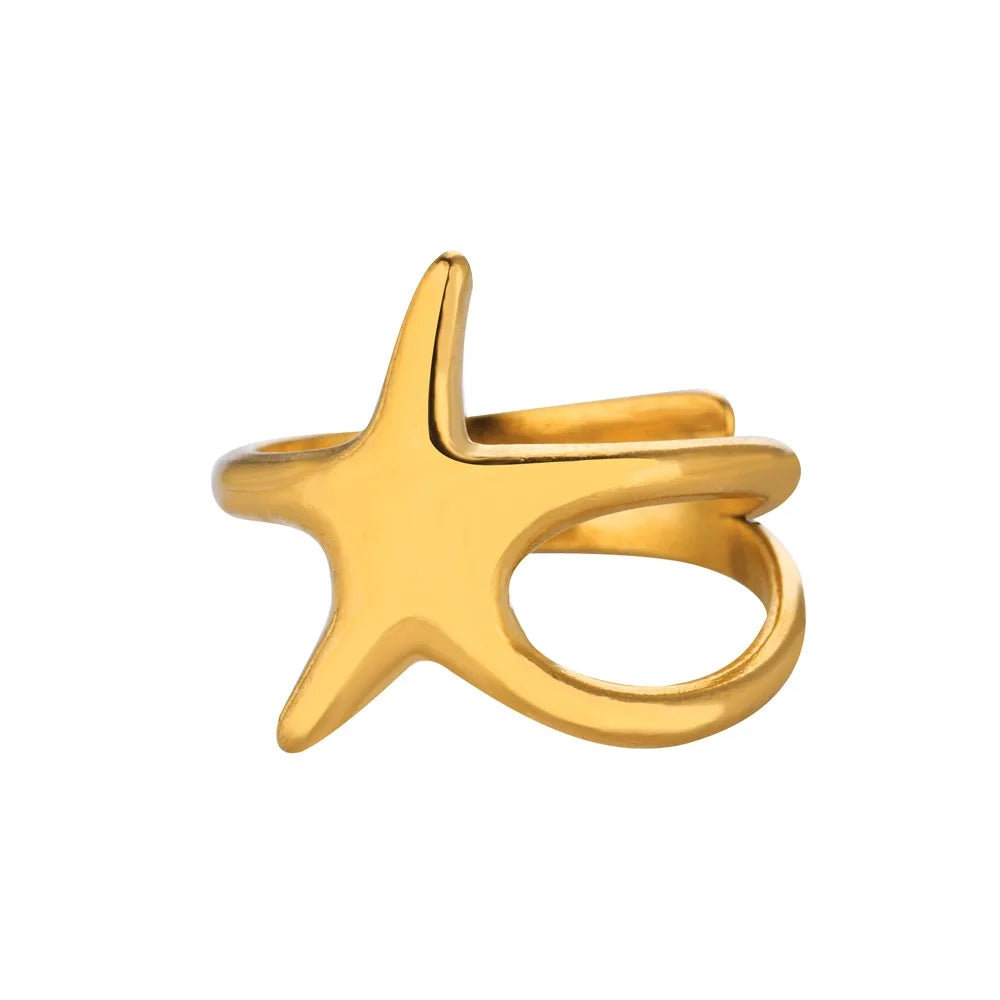 Stainless Steel Starfish Open Rings Gold Geometric Adjustable Ring
