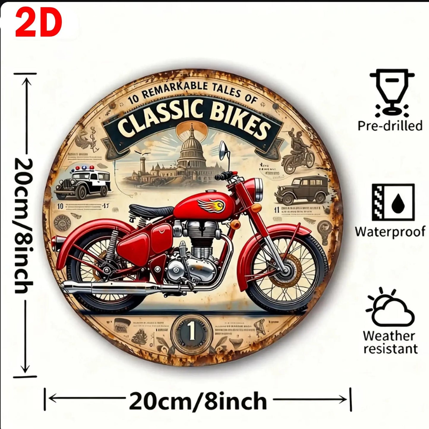 2D Vintage Round Aluminum Motorcycle Rustic Metal