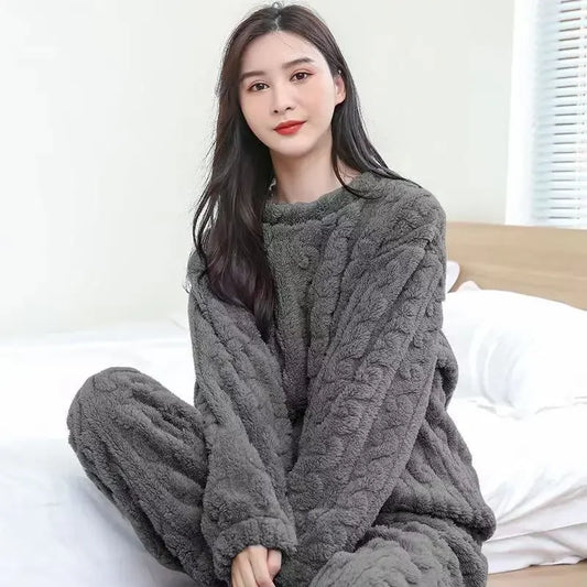 Coral Fleece Thick Warm Two Piece Outfit Soft Sleepwear