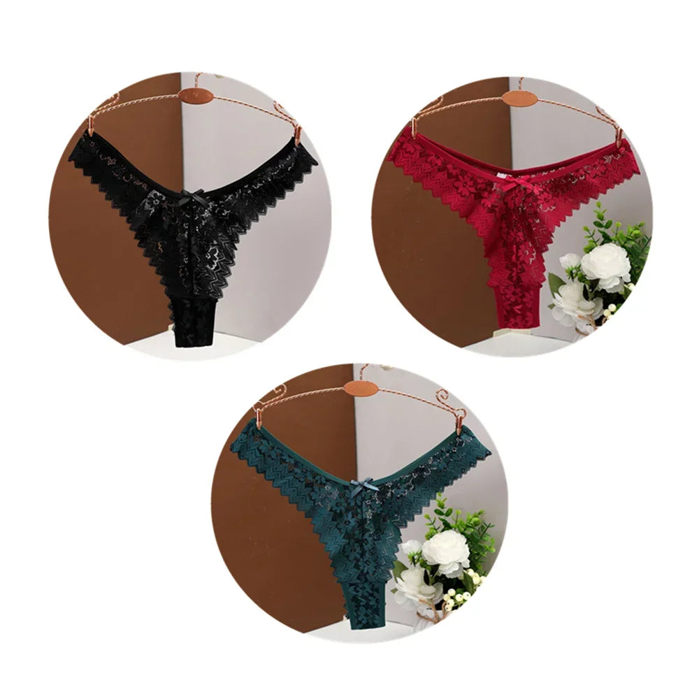 3PC Sexy T Back Thong Mid Waist Lace Transparent Underwear