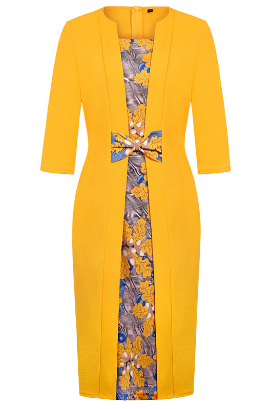 Elegant Floral Bow Tie 2/3 Sleeve Bodycon Sheath Dress