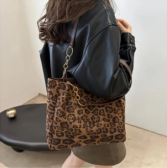 Vintage Leopard Print Brown PU Tote Shoulder Bag