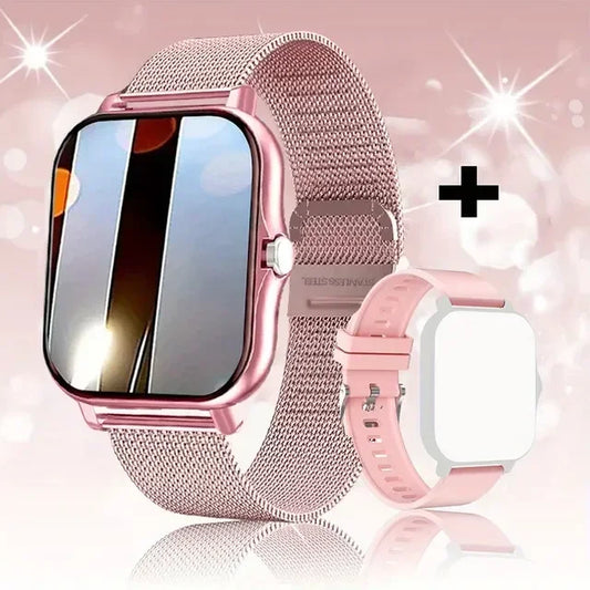 Rose gold smart watch with mesh band and pink silicone strap option, displayed on sparkling background