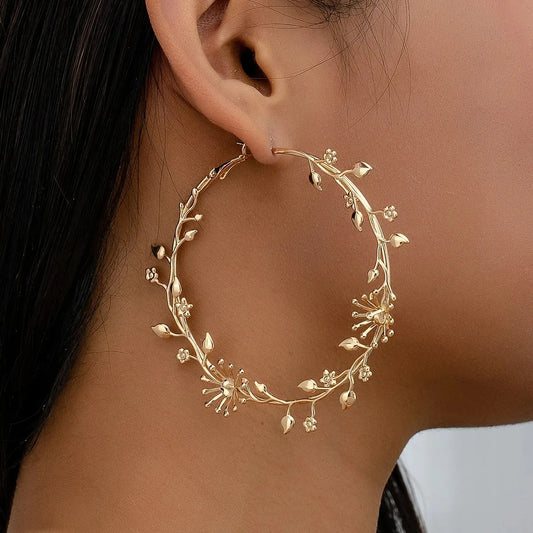 Exaggerated Leaf Flower Hoop Earrings
