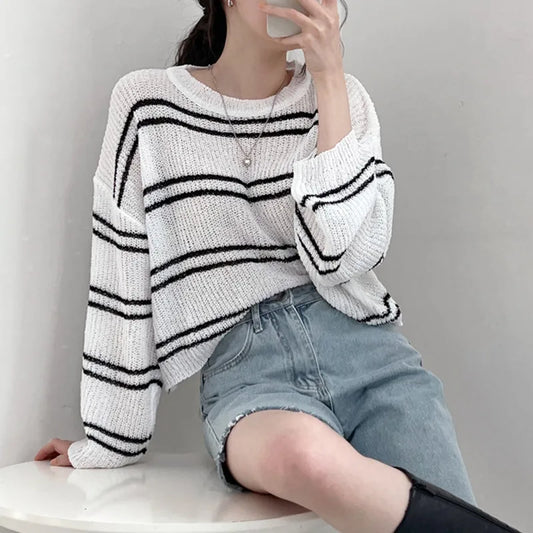 Sunscreen Blouse Hollow Out Pullover Long Sleeve O-neck Loose Sweater