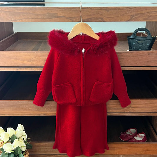 Autumn and Winter Wool Collar Hooded Sweater Pants Set