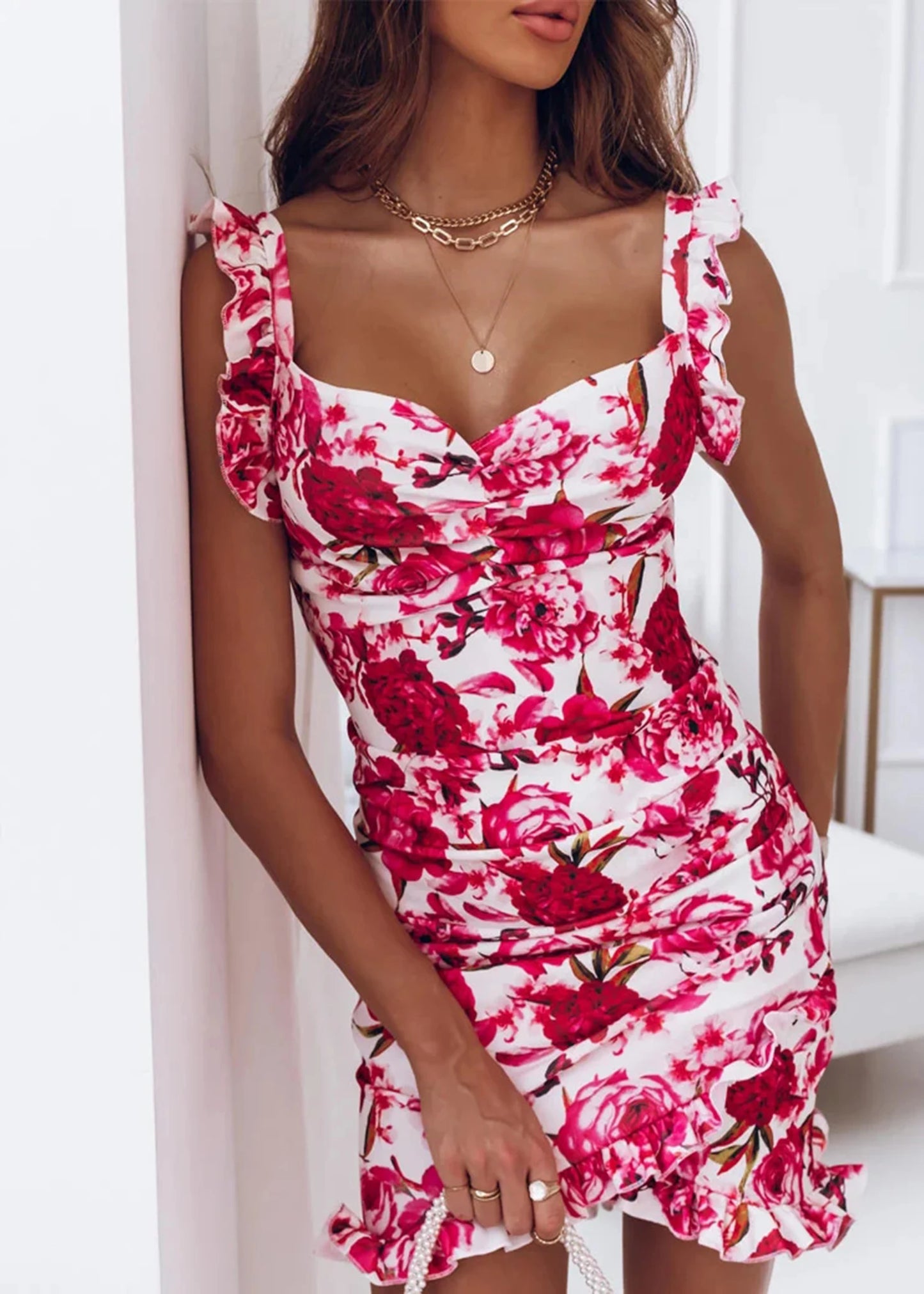 Ruffle Edge Sleeveless V-neck Wrap Hip Fragmented Flower Dress