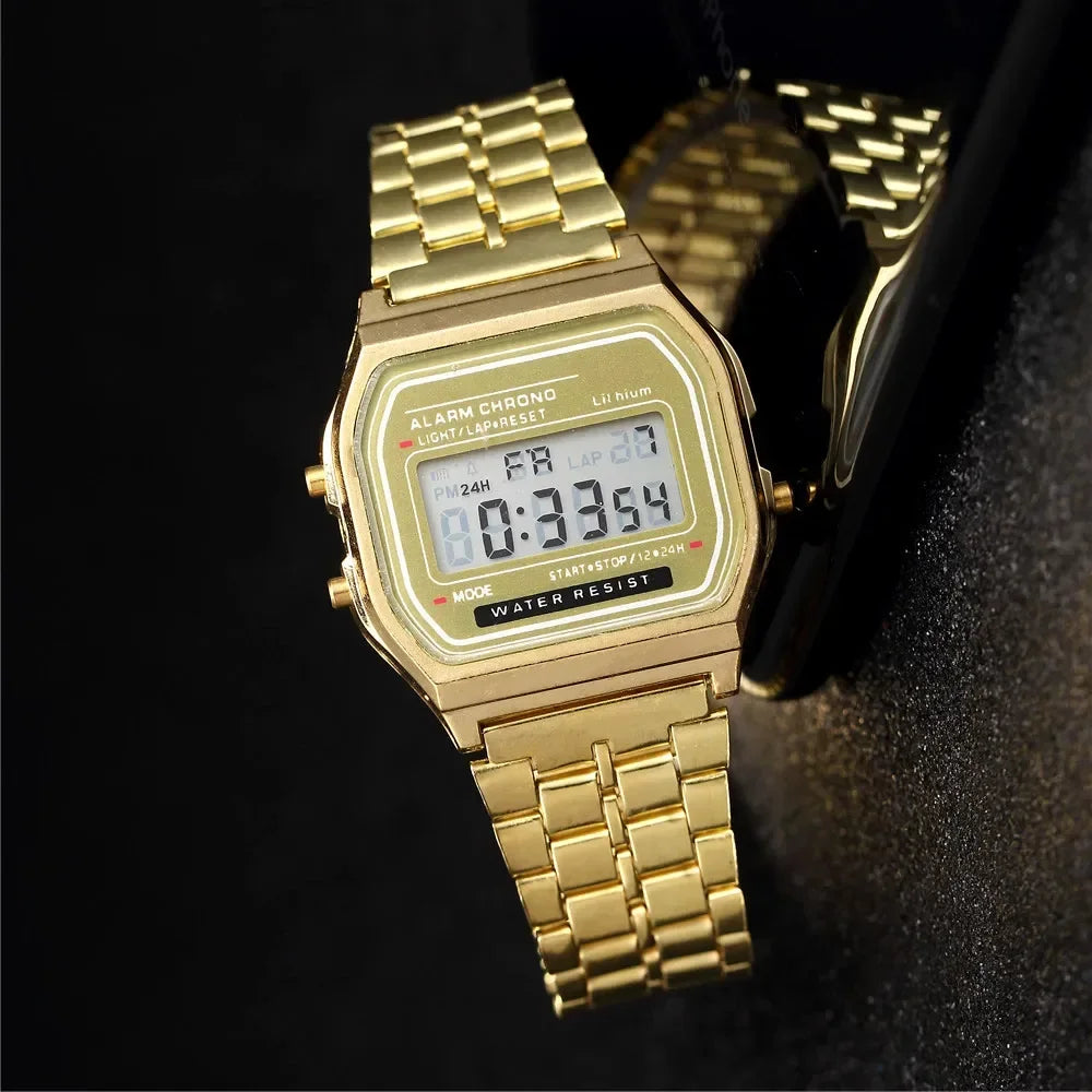 Gold digital wristwatch with metal band, alarm chrono, water resistant, stylish accessory